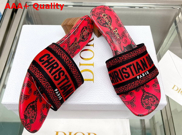 Dior Dway Heeled Slide Black and Red Cotton with Dior Bandana Embroidery Replica
