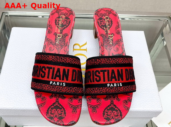 Dior Dway Heeled Slide Black and Red Cotton with Dior Bandana Embroidery Replica