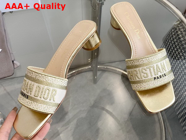 Dior Dway Heeled Slide Gold Tone Metallic Thread Embroidered Satin Replica