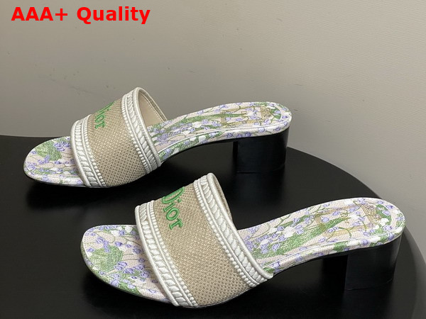 Dior Dway Heeled Slide Natural Embroidered Cotton and Multicolor Lily of the Valley Motif Replica