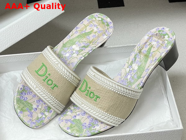 Dior Dway Heeled Slide Natural Embroidered Cotton and Multicolor Lily of the Valley Motif Replica
