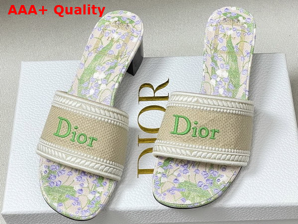 Dior Dway Heeled Slide Natural Embroidered Cotton and Multicolor Lily of the Valley Motif Replica