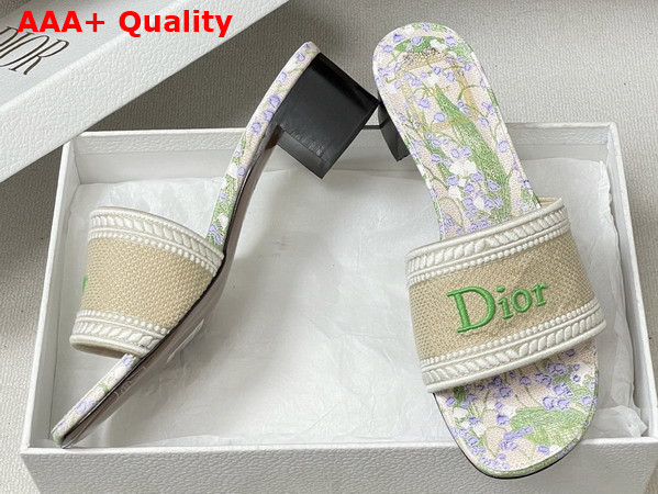 Dior Dway Heeled Slide Natural Embroidered Cotton and Multicolor Lily of the Valley Motif Replica