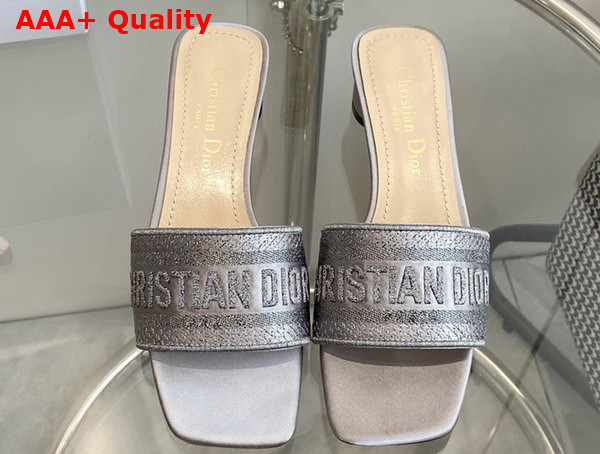 Dior Dway Heeled Slide Silver Metallic Thread Embroidered Satin Replica