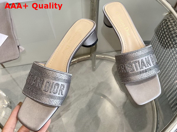 Dior Dway Heeled Slide Silver Metallic Thread Embroidered Satin Replica