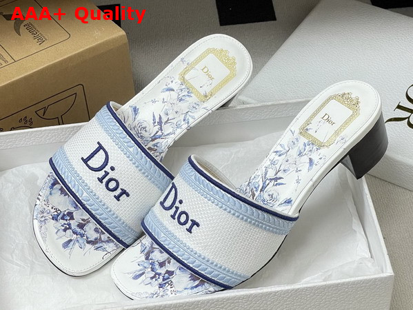 Dior Dway Heeled Slide White and Blue Embroidered Cotton and Toile de Jouy Floral Garden Motif Replica