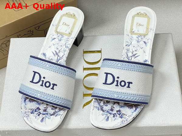 Dior Dway Heeled Slide White and Blue Embroidered Cotton and Toile de Jouy Floral Garden Motif Replica