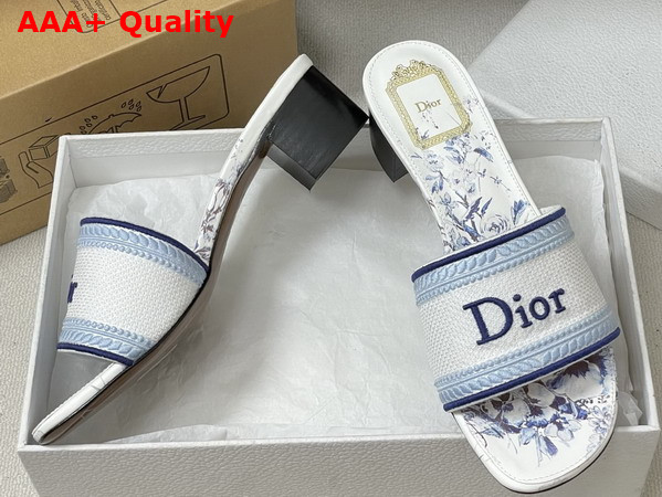 Dior Dway Heeled Slide White and Blue Embroidered Cotton and Toile de Jouy Floral Garden Motif Replica