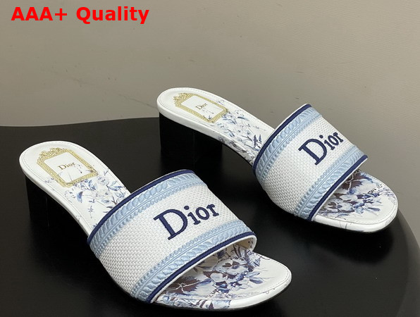 Dior Dway Heeled Slide White and Blue Embroidered Cotton and Toile de Jouy Floral Garden Motif Replica