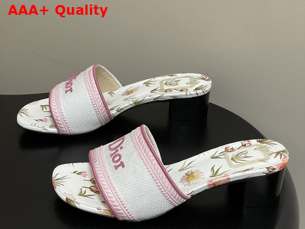 Dior Dway Heeled Slide White and Songe Pink Embroidered Cotton and Multicolor Daisy Garden Motif Replica
