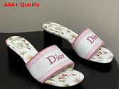 Dior Dway Heeled Slide White and Songe Pink Embroidered Cotton and Multicolor Daisy Garden Motif Replica