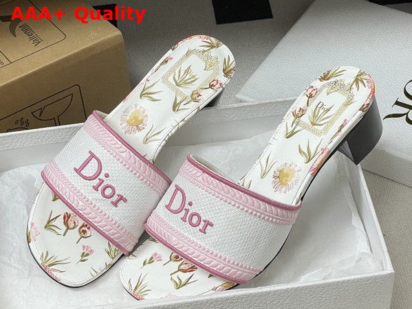 Dior Dway Heeled Slide White and Songe Pink Embroidered Cotton and Multicolor Daisy Garden Motif Replica