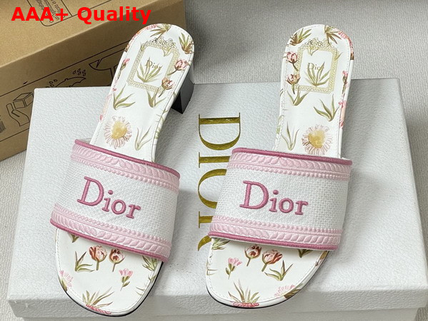 Dior Dway Heeled Slide White and Songe Pink Embroidered Cotton and Multicolor Daisy Garden Motif Replica