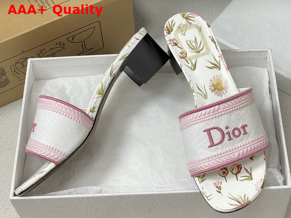 Dior Dway Heeled Slide White and Songe Pink Embroidered Cotton and Multicolor Daisy Garden Motif Replica