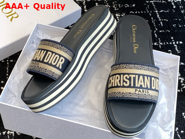 Dior Dway Platform Slide Deep Blue Embroidered Cotton Replica