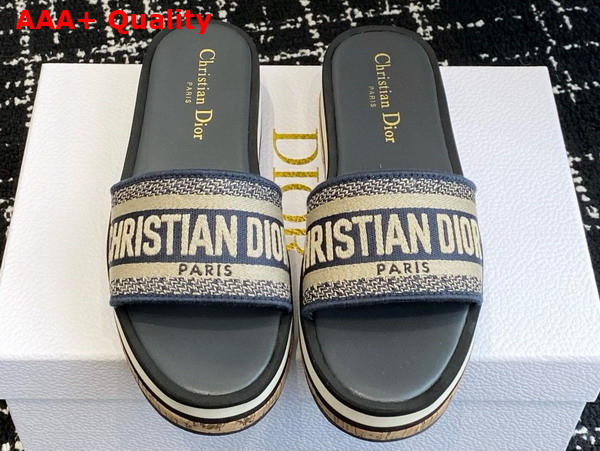 Dior Dway Platform Slide in Deep Blue Embroidered Cotton Replica