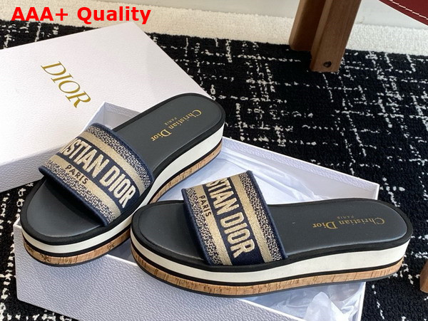 Dior Dway Platform Slide in Deep Blue Embroidered Cotton Replica