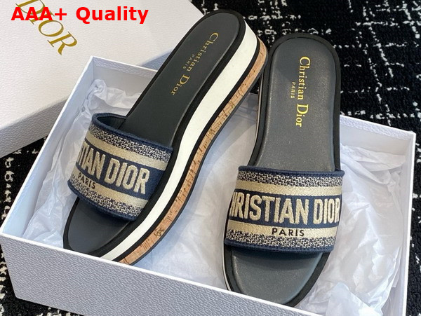 Dior Dway Platform Slide in Deep Blue Embroidered Cotton Replica