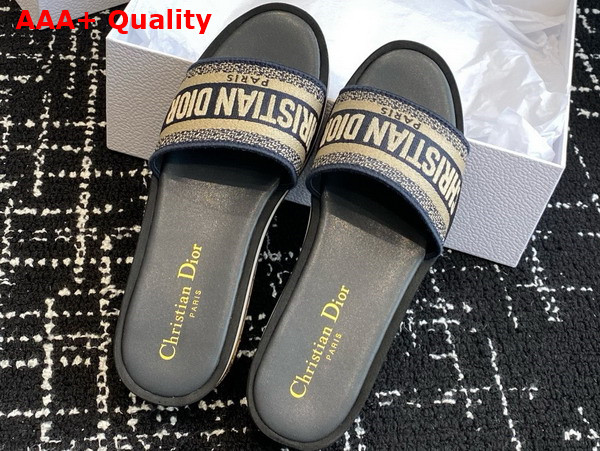Dior Dway Platform Slide in Deep Blue Embroidered Cotton Replica