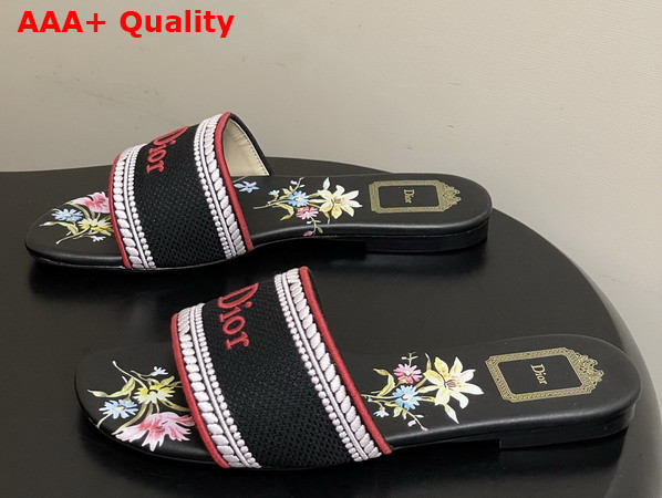 Dior Dway Slide Black Embroidered Cotton and Multicolor Dior Secret Garden Motif Replica