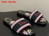 Dior Dway Slide Black Embroidered Cotton and Multicolor Dior Secret Garden Motif Replica
