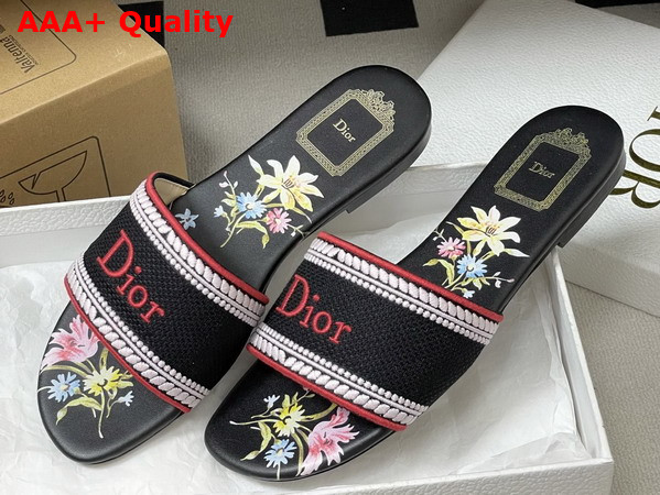 Dior Dway Slide Black Embroidered Cotton and Multicolor Dior Secret Garden Motif Replica