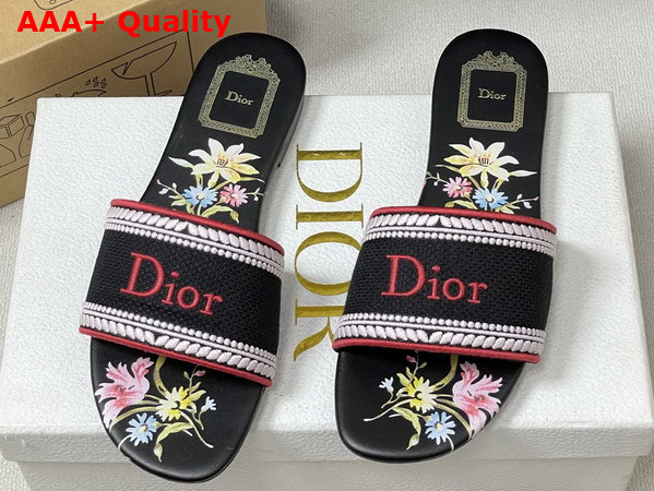 Dior Dway Slide Black Embroidered Cotton and Multicolor Dior Secret Garden Motif Replica