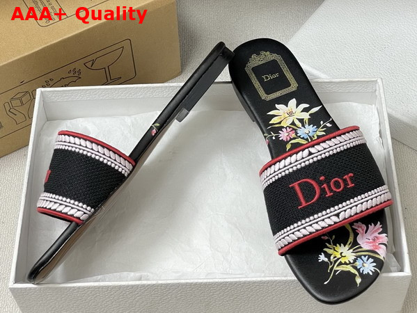 Dior Dway Slide Black Embroidered Cotton and Multicolor Dior Secret Garden Motif Replica