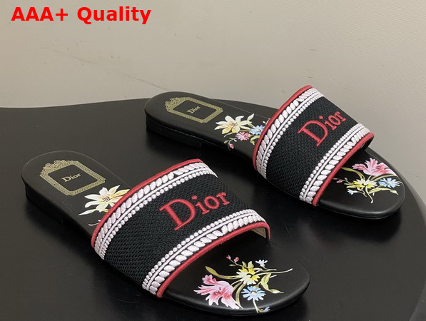 Dior Dway Slide Black Embroidered Cotton and Multicolor Dior Secret Garden Motif Replica