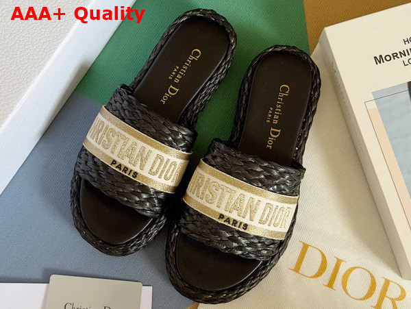 Dior Dway Slide Black Raffia and Gold Tone Embroidered Cotton Replica