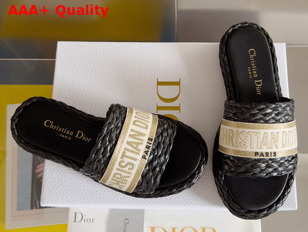 Dior Dway Slide Black Raffia and Gold Tone Embroidered Cotton Replica