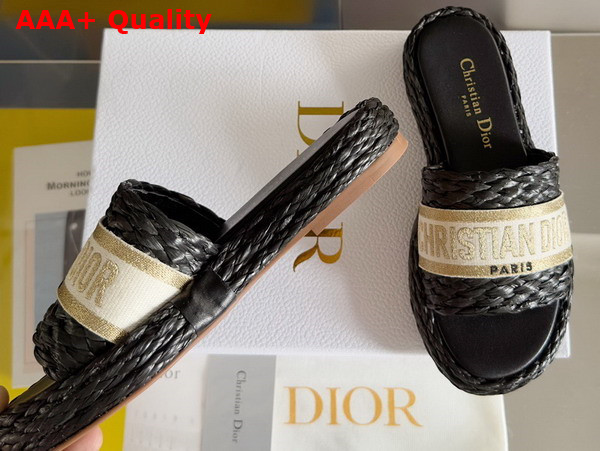 Dior Dway Slide Black Raffia and Gold Tone Embroidered Cotton Replica