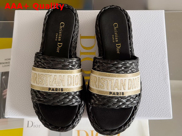 Dior Dway Slide Black Raffia and Gold Tone Embroidered Cotton Replica