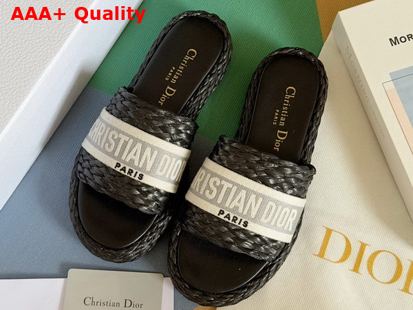 Dior Dway Slide Black Raffia and Gray Embroidered Cotton Replica