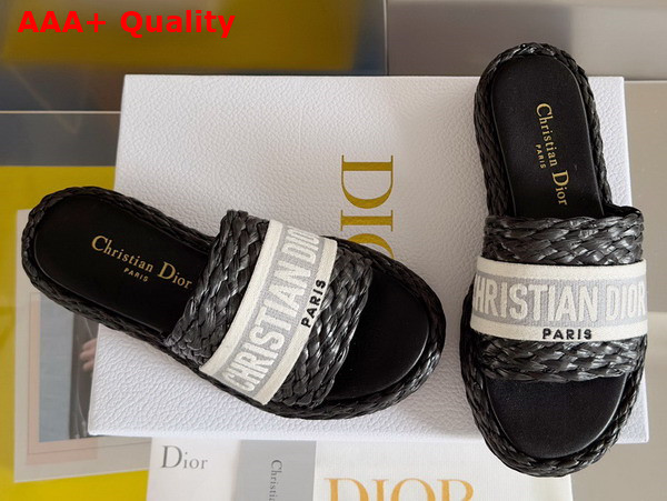 Dior Dway Slide Black Raffia and Gray Embroidered Cotton Replica