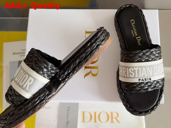 Dior Dway Slide Black Raffia and Gray Embroidered Cotton Replica