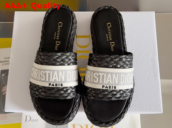 Dior Dway Slide Black Raffia and Gray Embroidered Cotton Replica