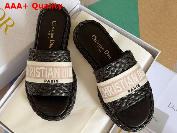 Dior Dway Slide Black Raffia and Rose Des Vents Embroidered Cotton Replica