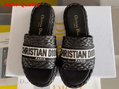 Dior Dway Slide Black Raffia and White Embroidered Cotton Replica