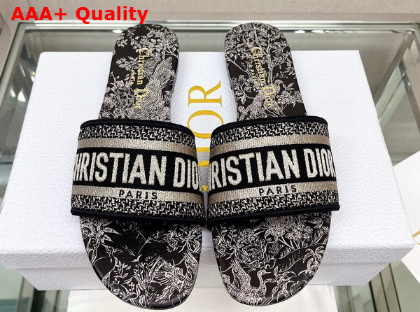 Dior Dway Slide Black and Gold Tone Velvet Embroidered with Dior Hardin D Hiver Motif in Gold Tone Metallic Thread Replica
