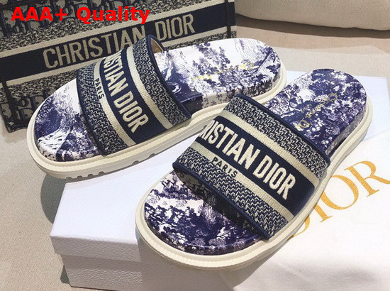 Dior Dway Slide Blue Toile de Jouy Embroidered Cotton Replica
