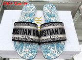 Dior Dway Slide Gold Tone Embroidered Cotton with Metallic Thread and Duck Blue Dior Brocart Motif Replica