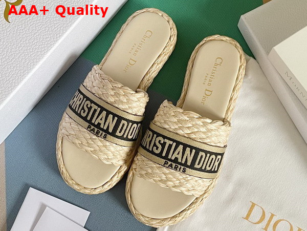 Dior Dway Slide Jute Colored Embroidered Raffia and Black Cotton Replica