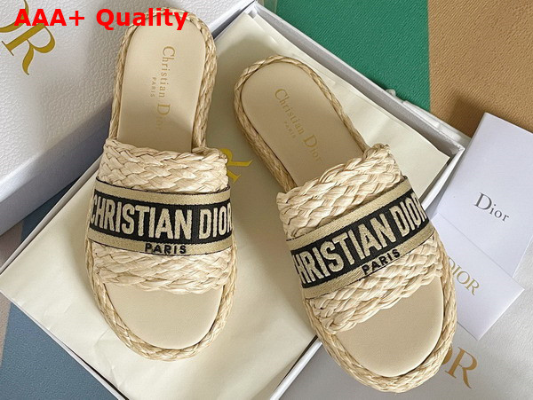 Dior Dway Slide Jute Colored Embroidered Raffia and Black Cotton Replica