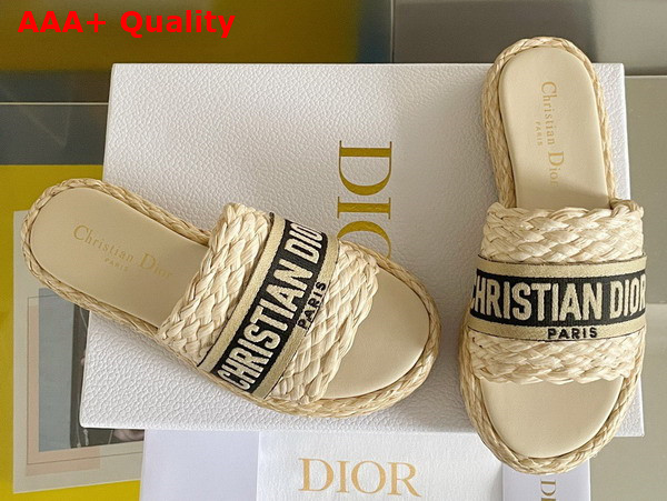 Dior Dway Slide Jute Colored Embroidered Raffia and Black Cotton Replica