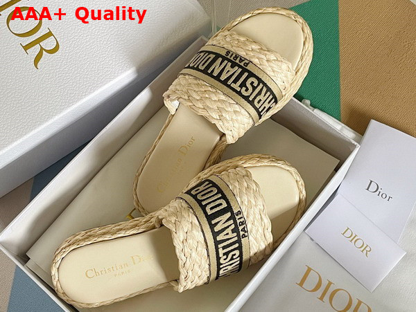 Dior Dway Slide Jute Colored Embroidered Raffia and Black Cotton Replica