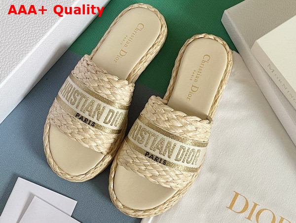 Dior Dway Slide Jute Colored Embroidered Raffia and Gold Tone Cotton Replica