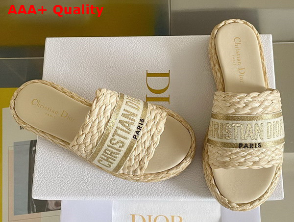 Dior Dway Slide Jute Colored Embroidered Raffia and Gold Tone Cotton Replica