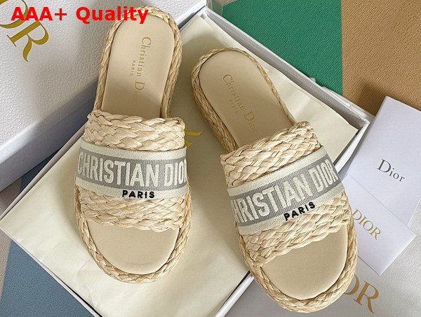 Dior Dway Slide Jute Colored Embroidered Raffia and Gray Cotton Replica