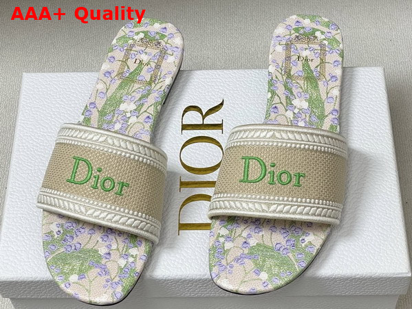 Dior Dway Slide Natural Embroidered Cotton and Multicolor Lily of the Valley Motif Replica